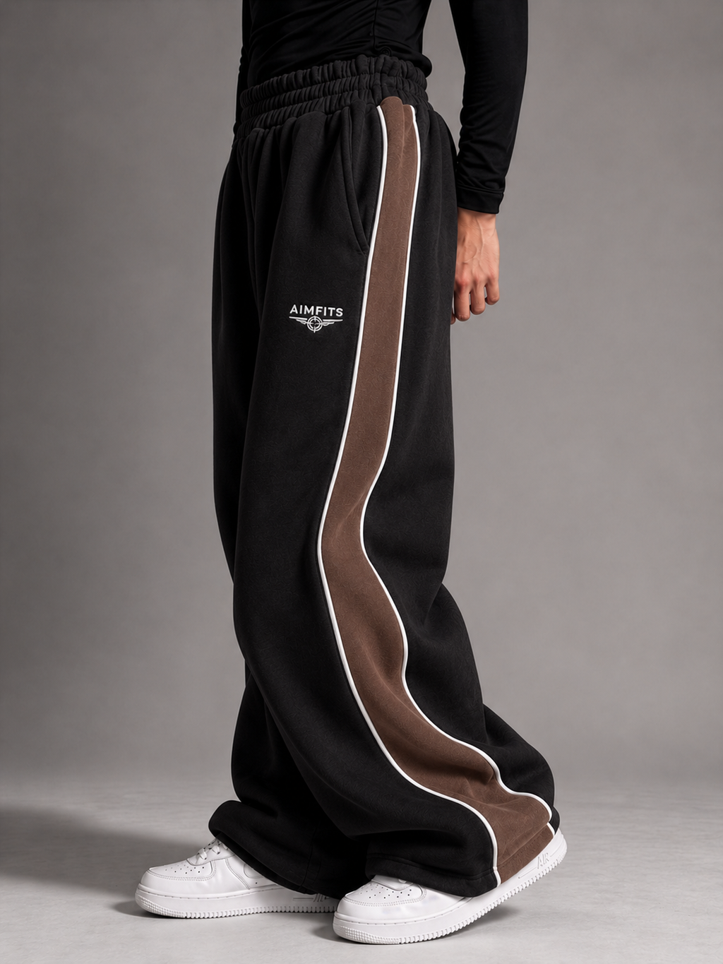 AIMFITS 100% Cotton Panelled Baggy Joggers- Black & Deep Chesnut
