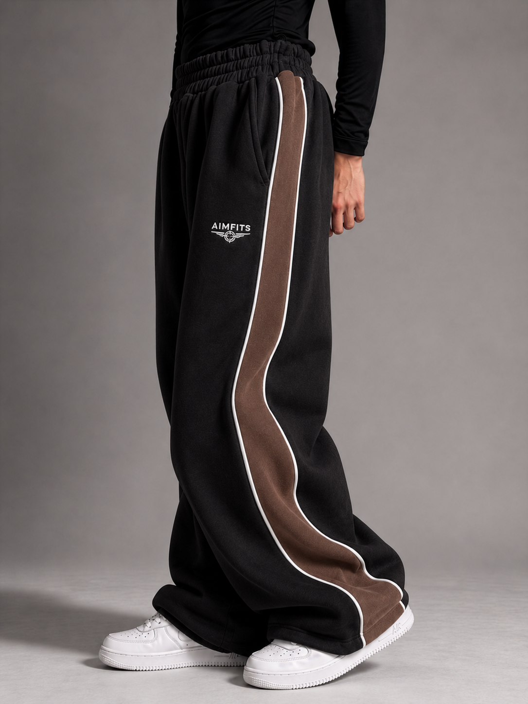 AIMFITS 100% Cotton Panelled Baggy Joggers- Black & Deep Chesnut
