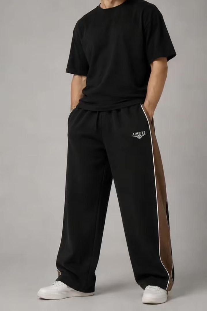 AIMFITS 100% Cotton Panelled Baggy Joggers- Black & Deep Chesnut