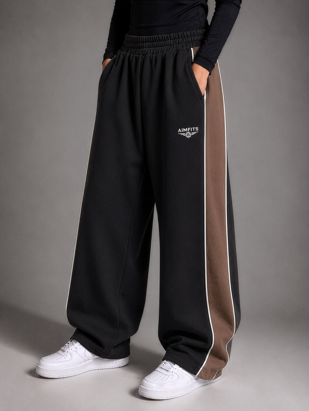 AIMFITS 100% Cotton Panelled Baggy Joggers- Black & Deep Chesnut