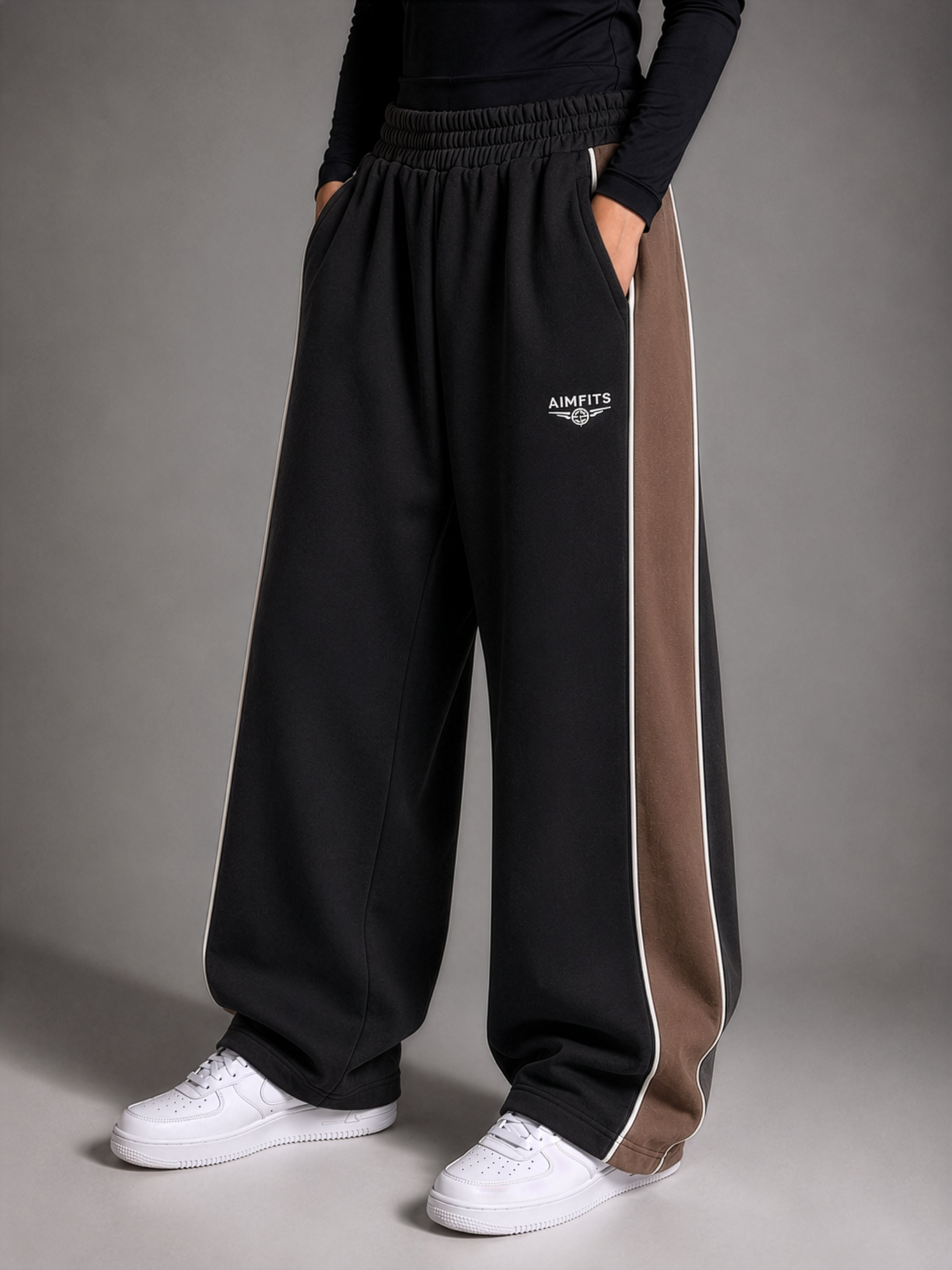 AIMFITS 100% Cotton Panelled Baggy Joggers- Black & Deep Chesnut