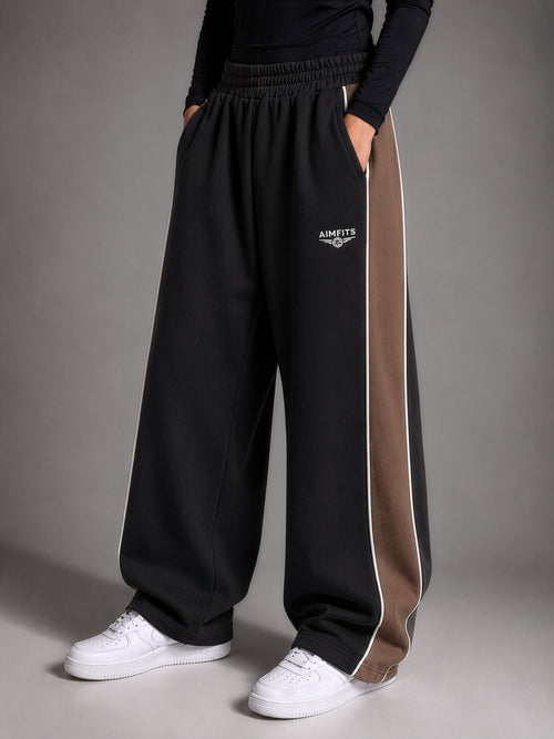 AIMFITS 100% Cotton Panelled Baggy Joggers- Black & Deep Chesnut